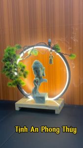 Thác Khói Trầm Hương Tượng Phật Chỉ Tay Vô Ngôn Kết Hợp Đài Sen Tịnh An Kệ Gỗ ThấpĐèn Led Cây Xanh