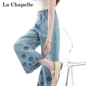 La Chapelle | Lace Design Tencel Denim Pants Womens Summer Lightweight American High Waist Straight Leg Ankle Length Culottes