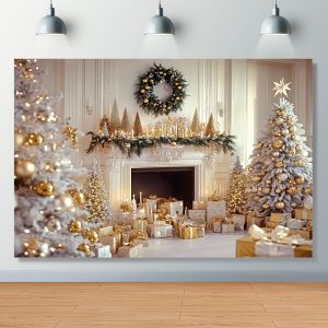 VIKAMA American Christmas Tapestry Fireplace Wreath Christmas Tree Gift Box Living Room Background Wall Room Decoration