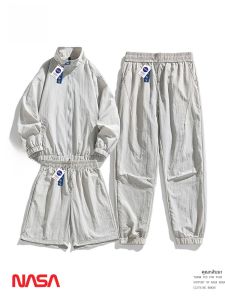 NASA Collaborative Outdoor Quick Dry Sports Set Mens Ice ผ้าไหม สามชิ้น ลำลอง เสื้อผ้าป้องกันแสงแดดแขนยาว เสื้อฮู้ด และ กางเกง