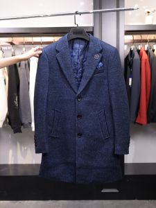 แจ็คเก็ตผู้ชายคอปกสูทผ้าขนสัตว์ผสมคอตตอน แจ็คเก็ตผู้ชายฤดูหนาว ทรงหลวม สไตล์ธุรกิจลำลอง ยาวปานกลาง