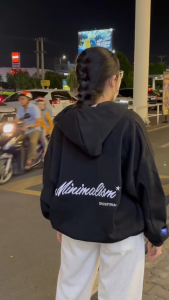 Áo Khoác Hoodie zip thêu chữ Minimalism vải nỉ bông dày dặn form rộng boxy màu đen và xám khoác ngoài nam nữ