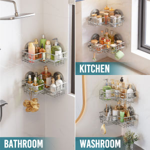 TAILI Corner Shower Caddy Suction Cup Shower Shelf NO Drilling Shower Corner Basket Suction Heavy Duty for Bathroom & Kitchen Corner Shower Rack-Black in Metal