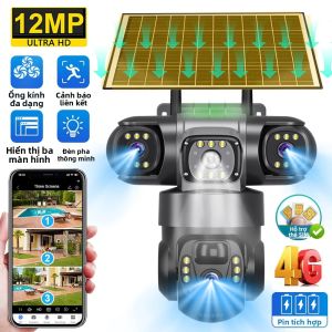 Camera Giám Sát CCTV Năng Lượng Mặt Trời V380 Pro Hỗ Trợ Thẻ SIM 4G Ba Ống Kính Phát Hiện Chuyển Động PIR Chống Nước IP66 Tích Hợp Pin