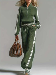 Elegant Casual 2-Piece Suit | Zipper Collar Long-Sleeve Top & Wide-Leg Pants Soft Skin-Friendly Trendy Daily Wear