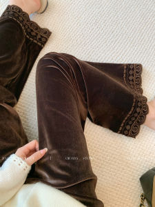 Caramel Velvet Straight Leg Pants Womens High Waist Embroidered Lace Trim Fleece Lined Casual Trousers Elegant Slimming