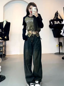 American Style Street Letter Embroidery Cuffed Wide Leg High Waist Jeans Long Pants Retro Straight Cut Ladies Denim Trousers