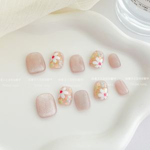 Removable Hand Painted Handmade Nail Tips Garden Flower Design Pink Color Short Square Shape Artificial Nails for Any Skin Type