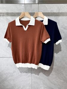 Summer Fashion Mens Polo Shirt Color Block V-neck Casual Thin Short Sleeve Turn-down Collar Breathable Comfortable Knitted T-shirt