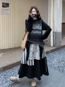Black Gradient Fashion Set Womens 2025 Autumn New Vest Inner Match Half Skirt Three-piece Set High Waist Long Sleeve round Neck