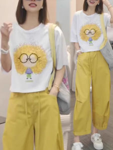 Shalldoer | Korean Chic Summer Cartoon Print Round Neck Short Sleeve Womens Top And Wide Leg Pants Two Piece Set Belted Fashionable Outfit