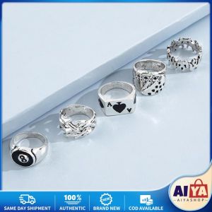 ★Same Day Shipping★ Mens Trend Metal Ring Set Geometric Poker ACE Pentagram Hollow Drop Oil Ring Combination