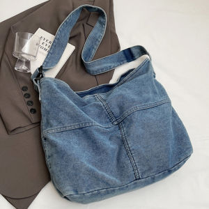 Lazy Style Large Capacity Denim Tote Bag Commuter Slouchy Crossbody Shoulder Bag Fashion Canvas Bag Soft Handle Zipper Closure