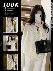 White Half-Zip Mid-Length Cable-Knit Sweater Autumn Winter