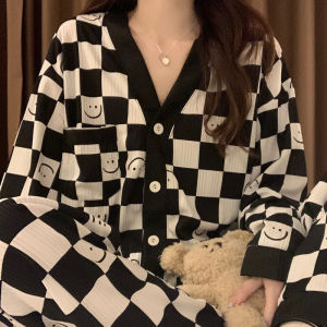 Áo Ngủ Dài Tay Họa Tiết Kẻ Caro Mặt Cười Cho Nữ Áo Ngủ Mặc Nhà Thoải Mái Thoáng Khí Mùa Thu Đông Xuân Hè Áo Khoác Ngoài