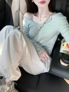 Mint Green Long Sleeve Shoulder Bared T Shirt Womens Style  And Light Korean Fit Pure Color Commute Creative Pattern