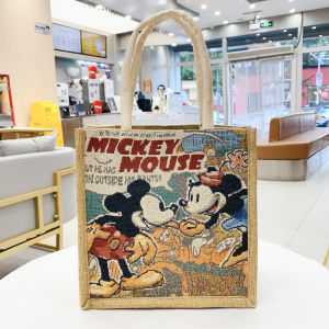 กระเป๋าผ้าลินินสีทองลายการ์ตูนความจุขนาดใหญ่สำหรับผู้หญิง กระเป๋าถือสำหรับเดินทาง กระเป๋าช้อปปิ้ง กระเป๋าถือสำหรับกลุ่มเพื่อนร่วมงาน ของขวัญ