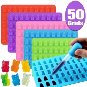 Polocat 50 Grids Gummy Bear Mold Silicone Cute Bear Jelly Mould with Dropper Candy Chocolate Fondant Moulds DIY Baking Decoration Tools