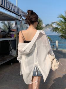 เสื้อเชิ้ตแขนยาวบางฤดูร้อนสำหรับผู้หญิง ดีไซน์เปิดหลัง ทรงหลวม สไตล์เกาหลี เสื้อคลุมคาร์ดิแกนแบบบาง เสื้อผ้าทำงานสไตล์เกาหลี