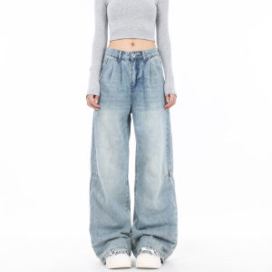 Washed American Retro Wide Leg Jeans Women Loose Straight Folded Street Style Denim Trousers Casual Straight Pants