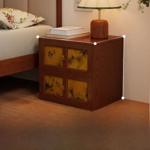 Retro Chinese Cloud Silk Creative Wooden Nightstand Bedroom Storage Furniture Multilayer Board Double Door Three Track Drawers