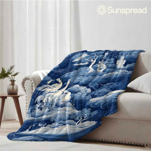 Beast Kingdom | Blue Crane Cloud Mural Soft Warm Flannel Blanket Lightweight Cozy Christmas Halloween Home Decor Room
