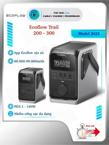 Trạm sạc dự phòng Ecoflow Trail 200 300 60000mAh 90000mAh 192Wh 288Wh 2C2A PD3.1 PPS5A QC XT60 cell LFP