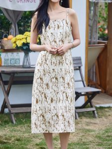 WANGGONGZHU | Summer Thin Strap Dress Womens Sleeveless Fashion Floral A-Line Skirt Natural Waist Polyester Fabric Midi Dress Princess Style