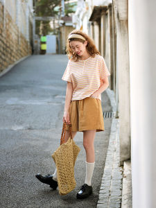 Pure Cotton Stripe Short Sleeve Henry Collar T-Shirt Womens Summer New Style Floral Pattern Sweet Style Loose Fit Polo Shirt