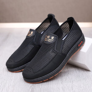 Mens Summer Breathable Soft Bottom Anti-slip Net Shoes Slip-on round Toe Flat Heel PU Leather Outsole Cloth Lined Casual Shoes