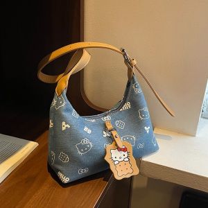 Kitty Cat Print Denim Underarm Bag Fashionable Versatile Ladies KT Crossbody Bag Luxury Texture Handbag Single Shoulder Bag