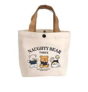 Portable Small Bear Canvas Bag Multi-Functional Handbag Lunch Box Bag for Work And Class Casual Shoulder Bag with Lock Buckle