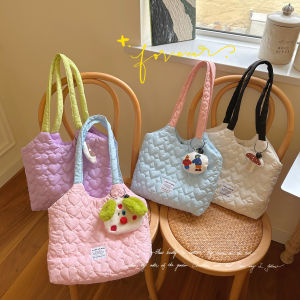Vintage Style Canvas Vest Bag Womens Underarm Bag Heart Stitching Milk Cream Style Large Capacity Shopping Bag for Students