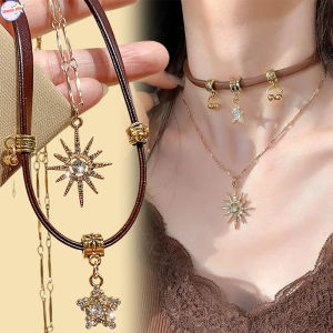 【Bubble star】vintage da Sao Zircon Vòng cổ cho phụ nữ mát lớp Dây chuyền hai lớp mặt trời đồ treo trang trí hình ngôi sao Vòng Cổ Choker trang sức hợp thời trang