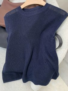 Unresistable Self-Keeping Style~ Dark Blue Hollow out Linen Knitted Sleeveless Vest for Women Summer 2025 New Top