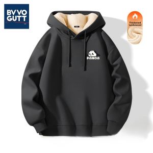 Thickened Lamb Fur Mens Hoodie Panda Print Casual Sweatshirt Winter Outwear Fashionable Streetwear Large Size Available