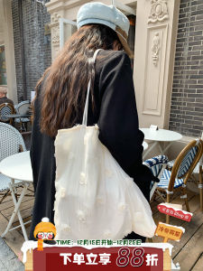 Large Capacity Floral Lace Embroidery Single Shoulder Bag Korean Style Womens Fashion Canvas Bag Soft Foldable Casual Handbag