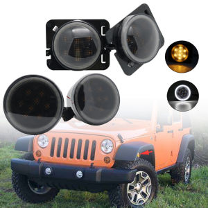 For Jeep Wrangler JK 2007 to 2011-2017 Front LED Turn Signal Light Assembly with White Halo Smoke Lens Automobile Signal Light