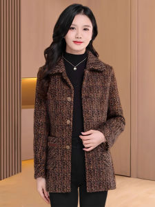 MAIMEI | เสื้อโค้ทผู้หญิงฤดูใบไม้ผลิและฤดูใบไม้ร่วงแบบลำลอง เสื้อโค้ทขนสัตว์ลายสก็อตสุดเก๋สำหรับคุณแม่ ทรงเข้ารูป เสื้อโค้ทผู้หญิงสั้น