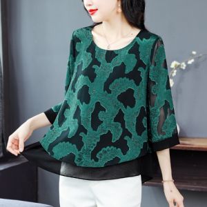 MAIMEI | Floral Embroidery Chiffon Shirt Women Summer Loose Cover Belly Slimming Top Casual Style Polyester Fabric Seven Sleeve Round Neck