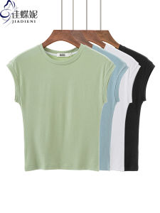 Summer New Loose Casual Solid Color Pure Cotton Short Sleeve round Neck T-Shirt Women Shoulder Drop Style Top Green Color
