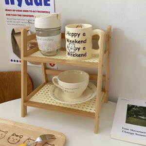 Bamboo Woven Double Layer Cup Holder Desktop Organizer Rack for Office And Dormitory Storage Shelf Cream Color Vintage Style