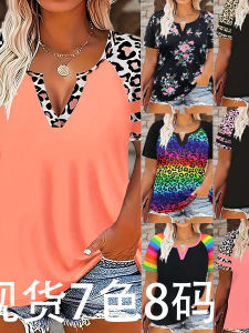 Versatile V-Neck Printed Short Sleeve Top Ladies Casual Loose Fit T-Shirt Polyester Fabric Comfortable Versatile Print Top