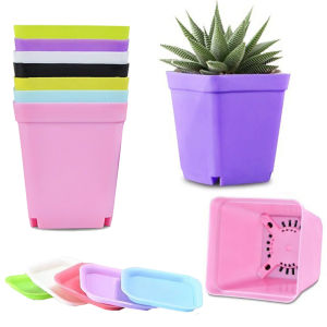 10PCS/Set Candy Color 7cm Square Mini Flowerpot with Tray Office Desktop Plant Grow Container Succulent Pot Garden Nurseries ZYF