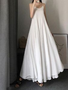 White Suspender Skirt Womens 2024 Summer Long to Ankle Dress A- line Big Hem Dress Inner Wear Base Dress