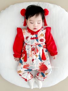 Princess Style Baby Girl Romper Onesie Fleece Lined Birthday Year Old Celebration Autumn Winter Clothes Cotton Polyester Blend Long Sleeve Single Button Closure