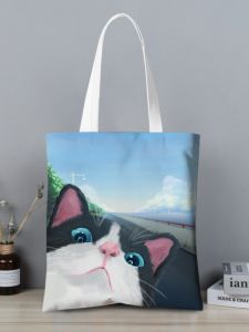 Korean Style Canvas Bag Cat Artistic Backpack Handheld Bag Large Capacity Single Shoulder Canvas Bag Women Shopping Bag