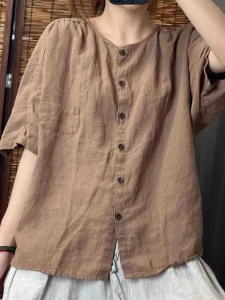 Áo Sơ Mi Nữ Dáng Rộng Có Miếng Dán Cường Lực Châu Á Vải Gai Tay Ngắn Mùa Hè Áo Hở Cardigan