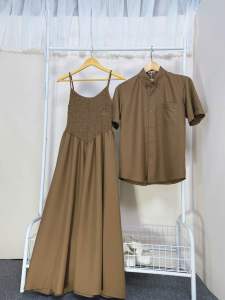 Set đồ đôi sơmi nam phối váy nữ 2 dây chạy thun ôm eo tôn dáng (2 màu nâu xanh)