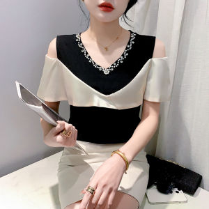 Yimei hở vai gợi cảm Áo thun kim cương nổi bật nữ lớn khí chất áo nhỏ nhúng kim cương cảm giác thiết kế Mùa Hè Tay ngắn